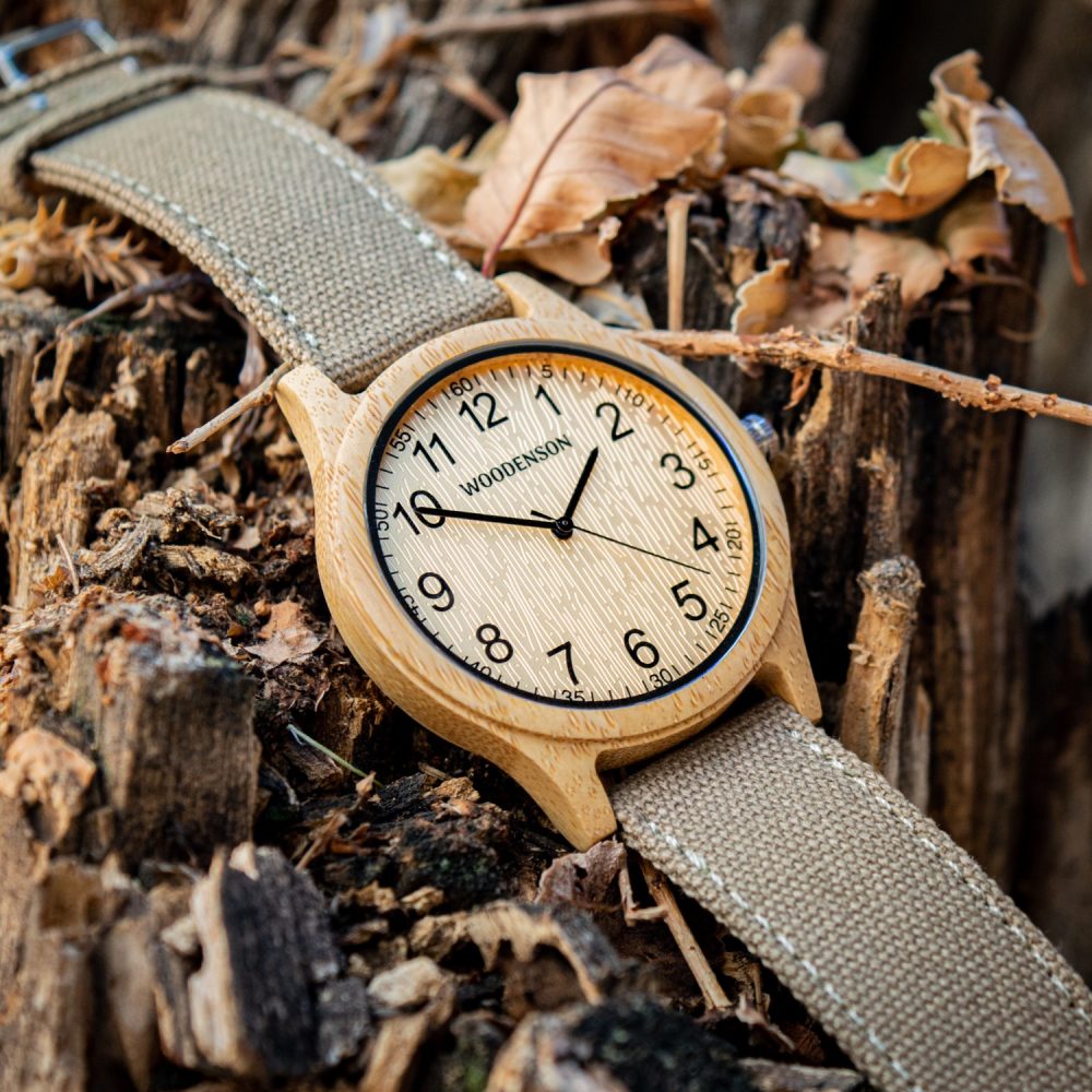 Reloj de madera de bambú con correa de tela modelo Yellowstone - Imagen 3