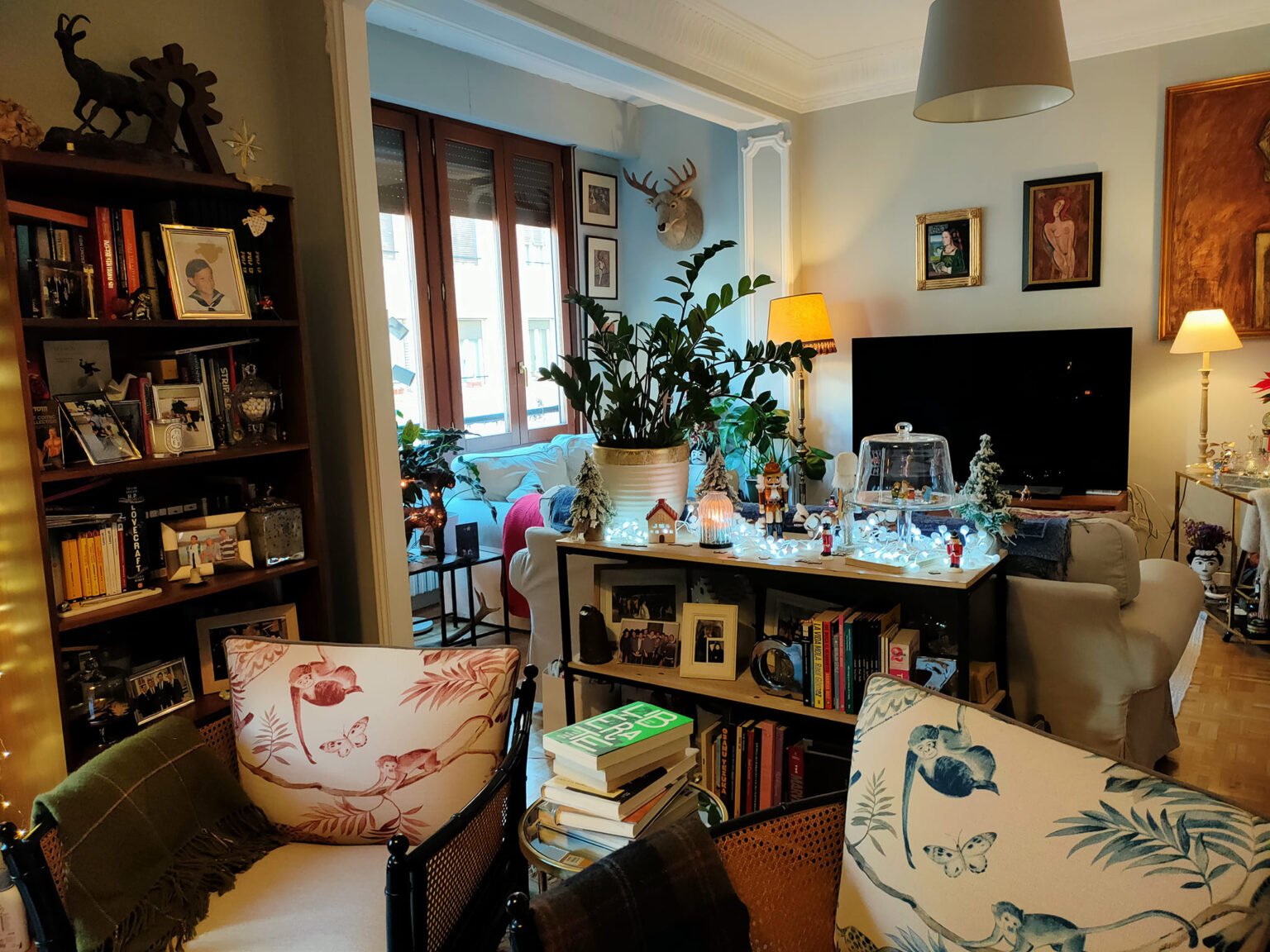 Vista general del salón, donde las plantas, las texturas y la luz natural se entremezclan con piezas clásicas y guiños modernos. “Es mi rincón favorito para leer los cómics del mes”, dice.