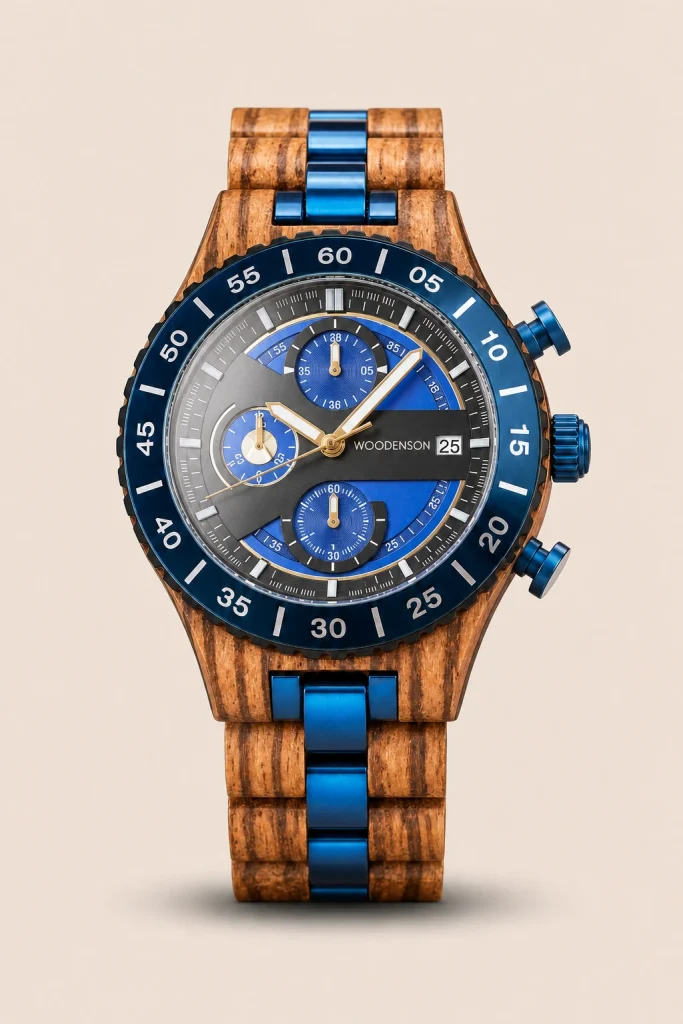 Norvik Ocean, reloj cronógrafo Woodenson de madera clara y detalles azules